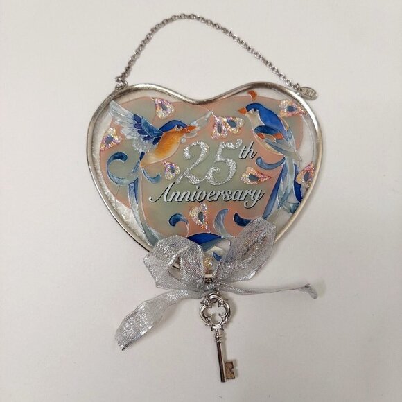 Vintage AMIA 25th Anniversary Stained Glass Sun Catcher Birds Hearts Silver Key - Picture 1 of 9